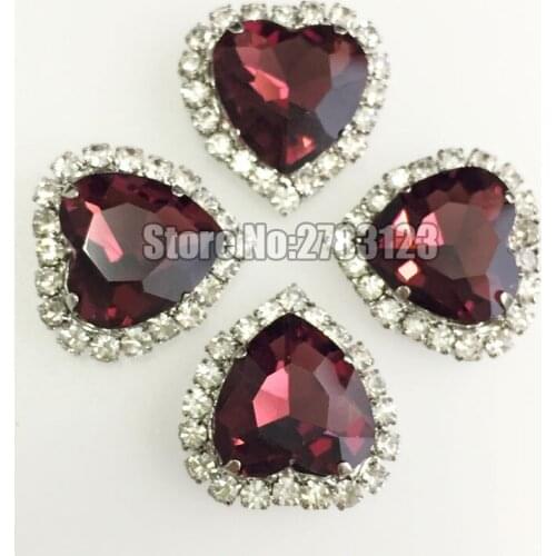 12mm Wine red heart shape sliver bottom Crystal buckle, 10pcs/20pcs high quality flatback Glass sew on rhinestones SKHY17