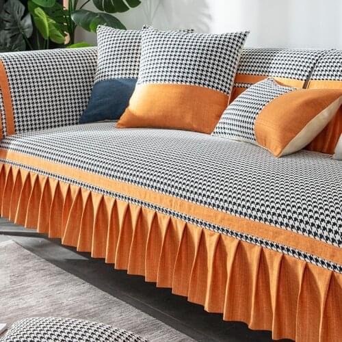 Chenille Plaid Slipcover Sofa Cover 2 3 4 Seater L Shape for Living Room Patchwork Couch Cover Armchair Towel Non-slip Orange
