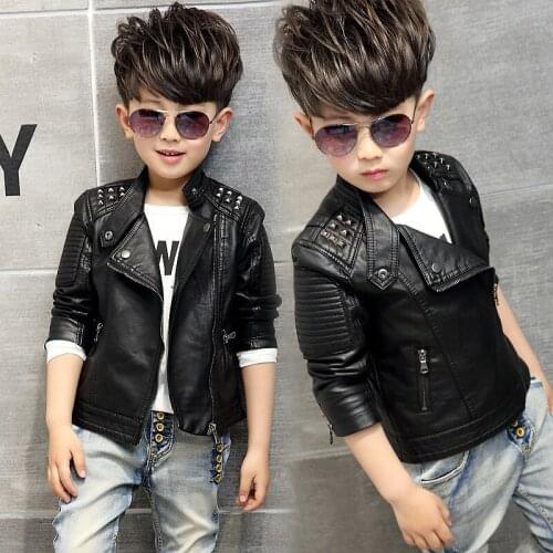 Childrens Pu Jacket Fashion Kid Outwear Boys Coat Top Solid Color Long Sleeve Casual Motorcycle Jacket Spring Autumn Rivet Cool