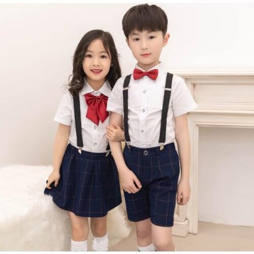 Boys Girls Strap Suits Sets Childrens Shirts Pants Clothing Sets Kids School Uniforms Kindergarten Chorus Costumes