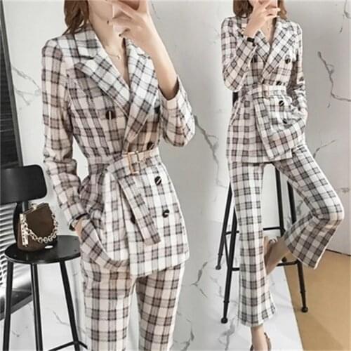 Fashion plaid small suit suit female autumn and winter New plus size High end temperament suit two-piece pants crop top xxl