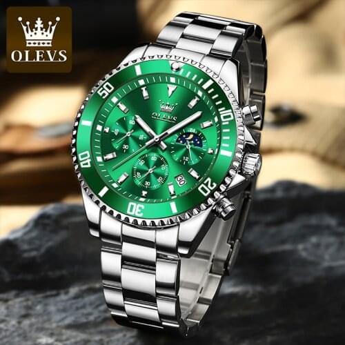 OLEVS Men Green Water Ghost Multifunction Three Eyes Chronograph Quartz Luminous Pointer Waterproof 24 Hours Moon Phase Watches