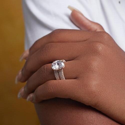 Gold Color Micro Pave Clear Cubic Zirconia Wedding Ring Set Accent Oval CZ Sparking Bling Engagement Band