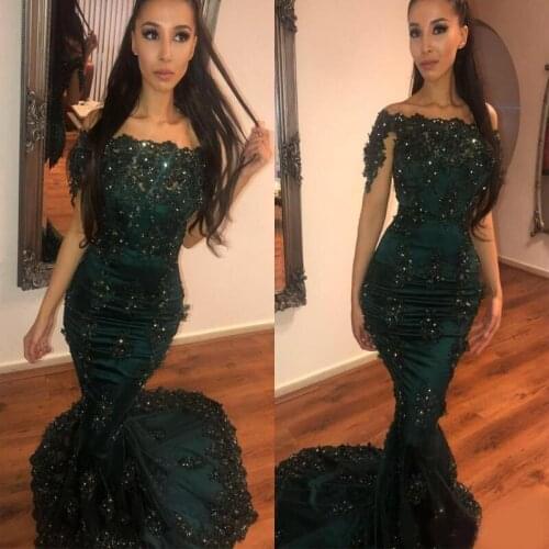 New Arrival Sexy African Dark Green Mermaid Prom Dresses Off Shoulder Lace Appliques Crystal Beaded With Flowers Formal Evening