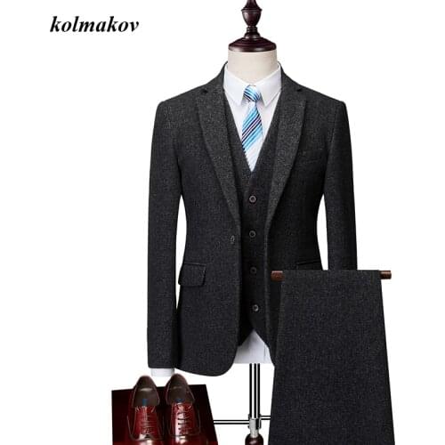 New Arrival Style Men Boutique Woolen Suits High Quality Business Casual Solid Mens Three-piece Wedding Suits Dress Size M-6XL