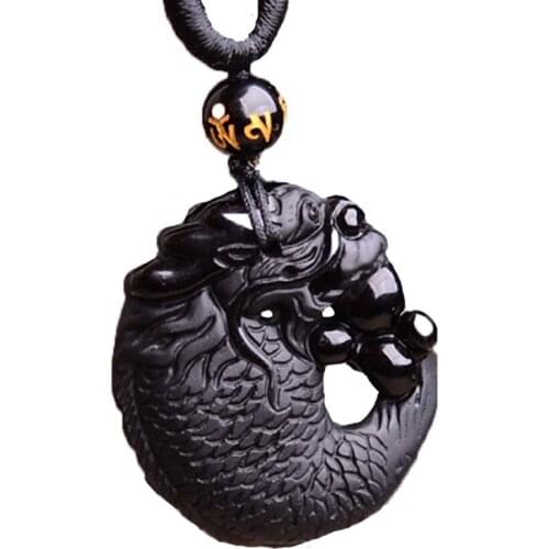 Natural Black Obsidian fish Pendant Carved Chinese Dragon Lucky Amulet Pendants Necklace For Mens Jade Jewelry Free rope