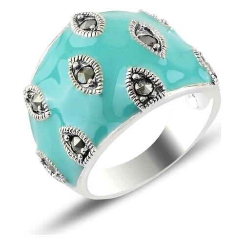 Silver 925 Sterling Enamel & Marcasite Ring