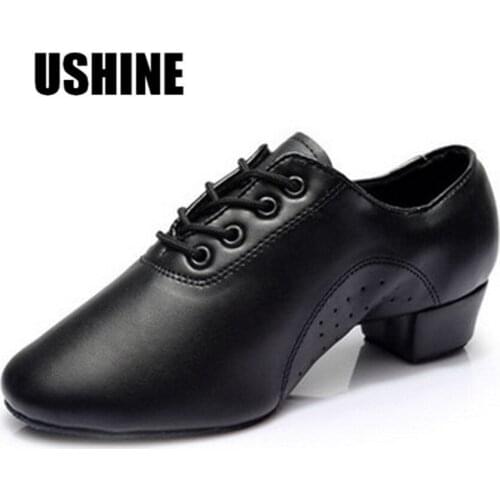 USHINE 701 EU29-45 Soft Sole Black PU Square Heel Salsa Latin Dance Shoes Kids Boys Men Jazz Shoes
