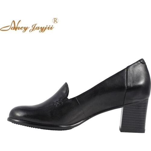 Black Loafer Block Med High Square Heels Solid Vintage Retro 2 Inch 5 cm Round Toe Boat Concise Spring Casual Women Shoes 2019