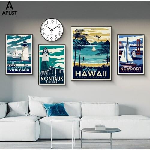 Vintage New York Aloha Hawaii Famous Landscape Print Paintings on Canvas Posters Wall Art Pictures Decor for Living Room Bedroom
