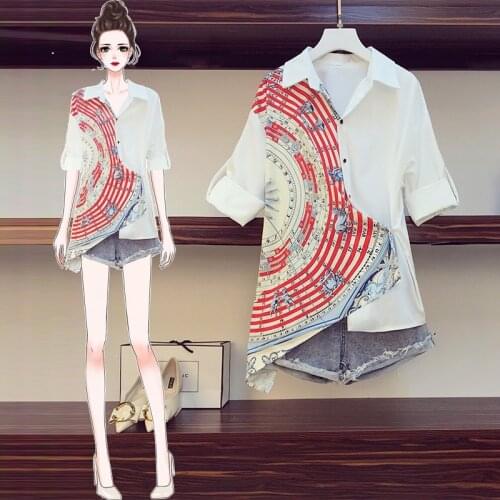 Plus Size Fashion 2 Piece Set Women Patchwork Print Chiffon Shirt Top + Shorts Jean Suits Summer Casual Blouses Denim Shorts Set