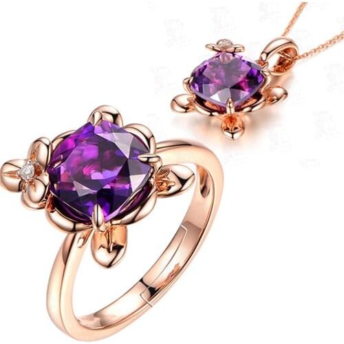 Amethyst gemstones purple crystal pendant necklace and rings for women Rose gold color jewelry sets bijoux bague party gifts