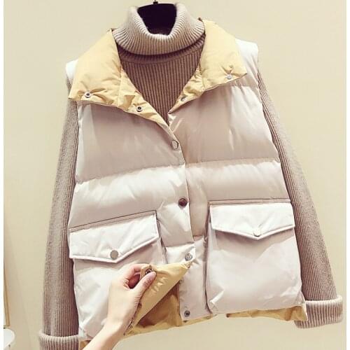 #0737 Vest Female Winter Warm Thick Down Cotton Woman Vest Waistcoat Big Pocket Short Veste Femme Sleeveless Jacket Black Beige