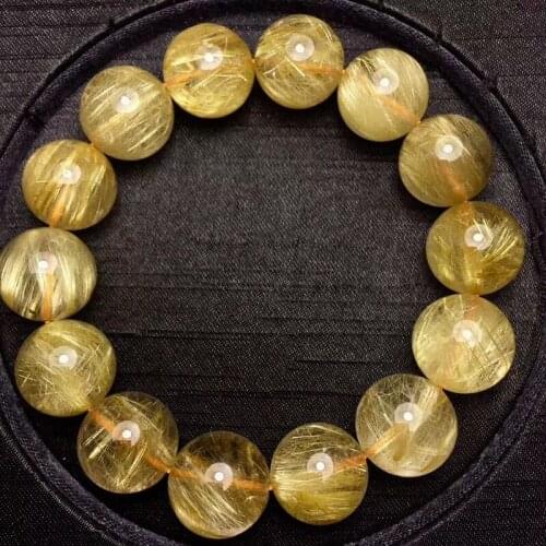 15.8mm Natural Gold Rutilated Quartz Titanium Stretch Crystal Beads Bracelet
