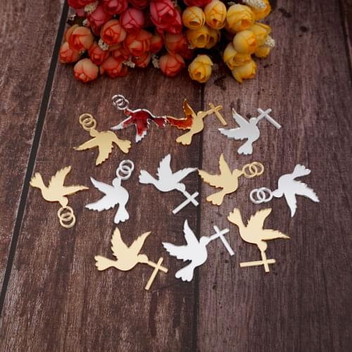 50pcs/Lot 5cm Pigeon Shape Acrylic Cutting Mirrored Dove with Cross/Rings Acrylic Tags DIY Christening Home Decoration