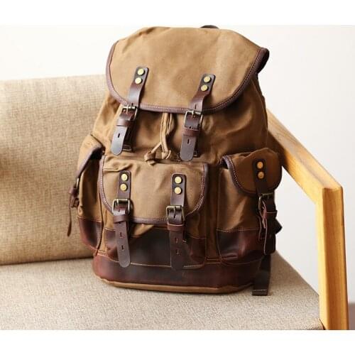 American Retro Outdoor Backpack Large-capacity Waterproof Canvas and Leather Travel Mountaineering Bag Leisure