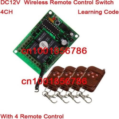 Free shipping 12V 4ch Momentary Toggle Latched RF Wireless Remote Control Switch System Receiver &4 Transmitter Learning Code