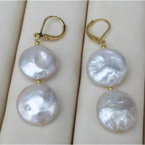 Noble jewelry GOLD PAIR OF 13-15MM south sea AAA++ WHITE COIN PEARL DANGLE BAROQUE EARRING 14k/20