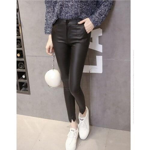 High Quality PU Leather plus velvet Pants Women Winter female high waist elastic pu leather fleece stretch Slim women pencil