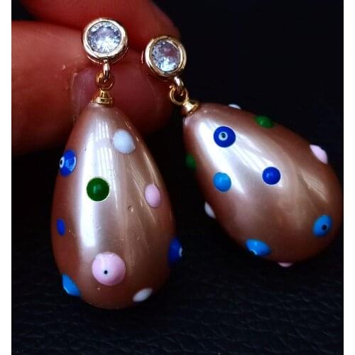 Champagne Sea Shell Pearl Teardrop Enamel Cz Dangle gold color plated Stud Earrings cute Fashion jewelry For women Free shipping