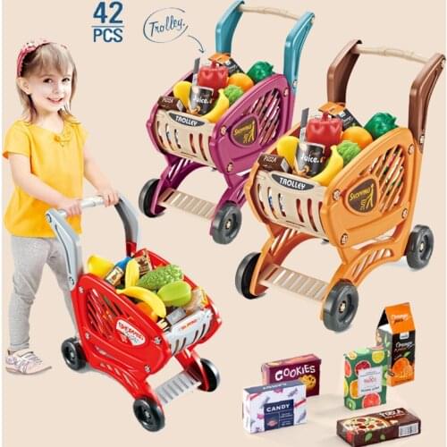 Kids Toys Mini Play House Shopping Cart Simulation Vegetable and Fruit Pretend Supermarket Shopping Playset for Gift Children