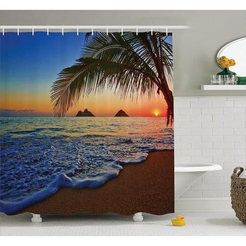 Hawaiian Decor Shower Curtain Palm Tree Shore Caribbean Mist Honeymoon Traveling Resort Scenic Sunset Image Bathroom Decor
