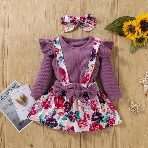 Bobora Toddler Baby Girl Dress Sets Ruffle Sleeve Shirt +Suspender Skirt + Headband Outfits Set