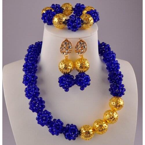 Royal Blue African Beads Jewelry Set Crystal Ball Beaded Nigerian Necklace Sets