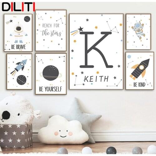 Space Astronaut Rocket Stars Cartoons Nursery Wall Art Personalized Name Canvas Painting Posters Nordic Child Room Print Picture