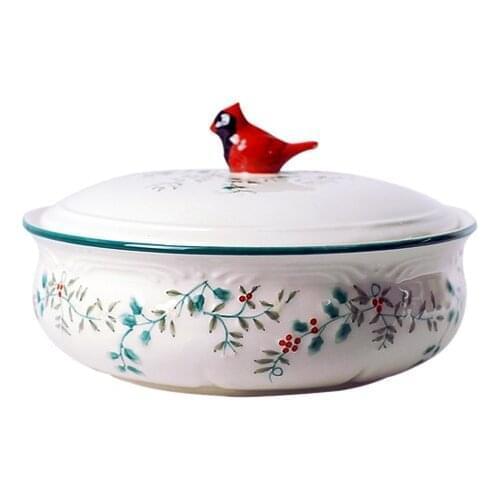 Red Bird Holly Berry European Ceramic Tableware Soup Pot Soup Bowl Soup Basin Hand Painted Relief Painted Heat Resistant with