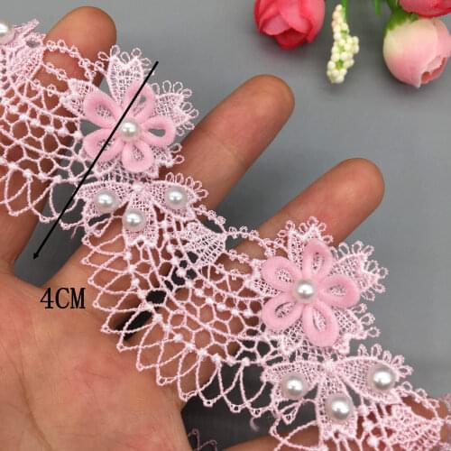 1 yard Pink 4cm Rose Flower Pearl Ocean Waves Embroidered Lace Trim Ribbon Fabric Sewing Craft Patchwork Handmade Decoration