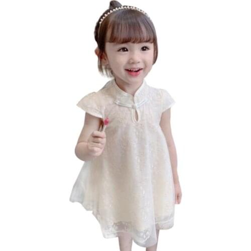 2021 New Baby Girl Princess Summer Dress Chinese Style Clothes Kids Girl Lace Dresses Coil Button Cheongsam