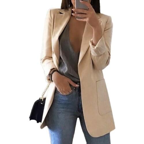 Fashion Women Office Suit Solid Color No Button Lapel Slim- Fit Blazer Coat