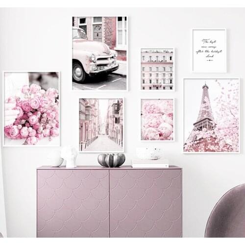 Wall Art Canvas Painting Pink Paris Tower Street Peony Flowers Nordic Posters And Prints Wall Picture For Living Room Home Decor