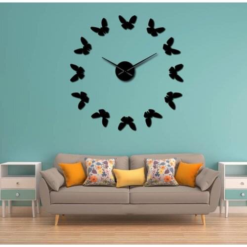 Little Butterfly 3D DIY Acrylic Simple Mirrors Surface Wall Clock Animal Gift For Kids Unique Silent Self Adhesive Clock Watch