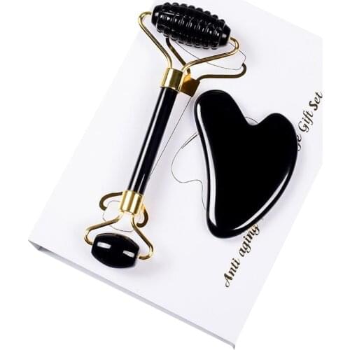 Obsidian Sawtooth Roller Gua Sha Tool Set Face Care Massage Crystal Mineral Stone Health Eye Skin Acupuncture Beauty Massager