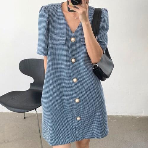 ZCSMLL Korea Slimming V-neck Split Pearl Buckle Loose Women Dresses Short Sleeve 2021 Summer Autumn A-line Dress Women