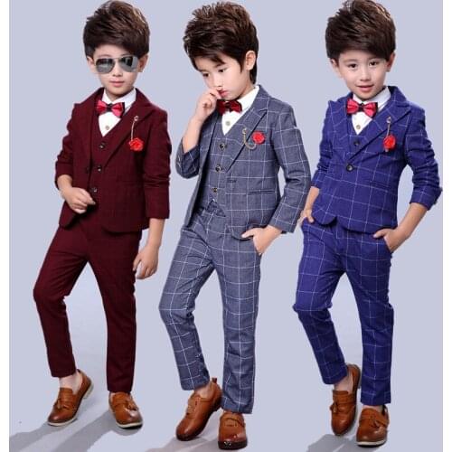 Slim And Handsome Boys costume Jacket pant vest 3parts Wedding flower Boy Dress Plaid Kid Fashion Show Blazers Suit 2-12Yrs