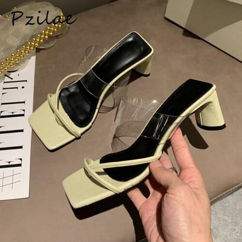 Pzilae New women summer outdoor shoes transparent PVC narrow band womens' slippers high heels square toe female beach shoes