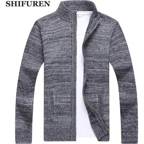 SHIFUREN New Autumn Winter Sweaters Jacket Men Long Sleeve Stand Collar Casual Knitted Cardigans Zipper Coats Size S-XXXL