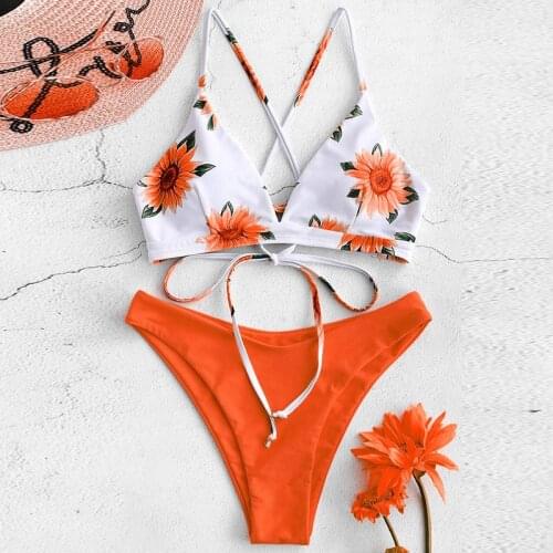 Tie Dye Bikini Sunflower Print Push Up Bandage Cross Swimsuit Women Halter Bathing Suit Tube Top Thong Swimsuit Stroj Kapielowy