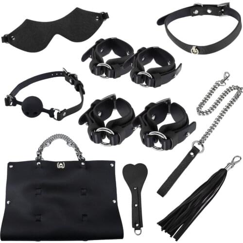 Adult Games Bdsm Bondage Kit 7pcs/Set Handcuffs Ankle Cuffs Mouth Gag Leather Whip Blindfold Spanking Paddle Sex Erotic Toys