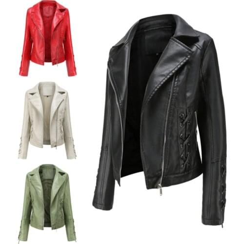 2021 Spring Womens Leather Jacket Slim Turn-down Collar Short PU Leather Jacket Women Zipper Motorcycle Jackets Outwear Female