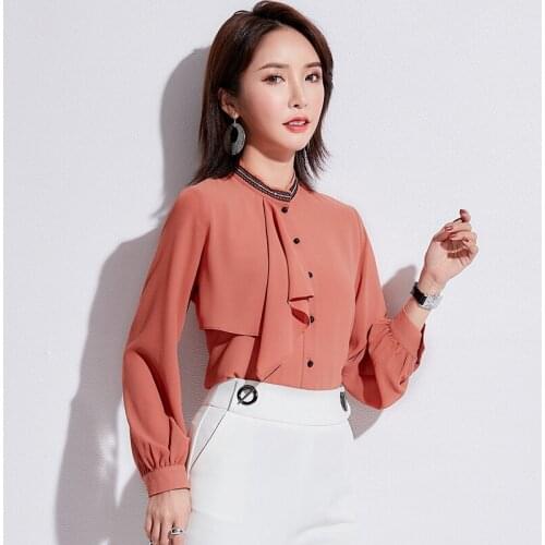 Spring autumn office lady elegant orange blue long sleeve chiffon blouse , 2019 female woman ruffles lace patchwork blouses