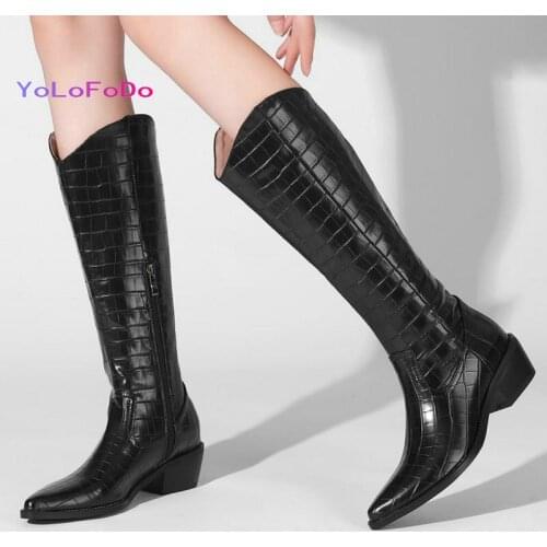 2021 Autumn Winter Women Knee High Boots Comfortable Square Pointed Toe Women Western Boots PU Leather Zipper Womens Boots