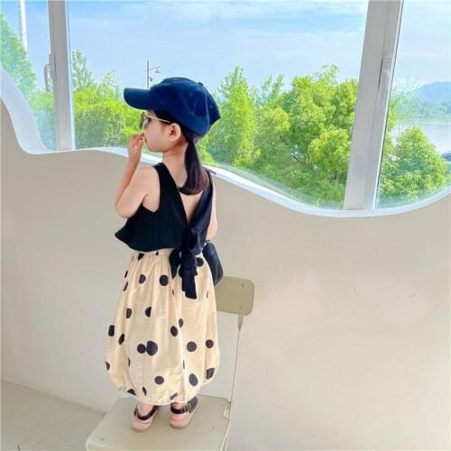 Summer girls temperament wind back hollow tie vest top polka dot long skirt two-piece suit skirt