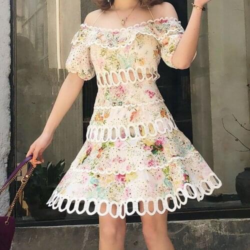 Sexy off shoulder hollow out New 2021 summer floral print beach style dress A059