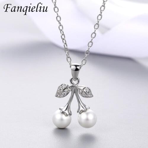 Fanqieliu Creative Vintage Leaf Crystal Pearl Necklaces Wome Real 925 Sterling Silver Pendant Necklace For Girl FQL21190