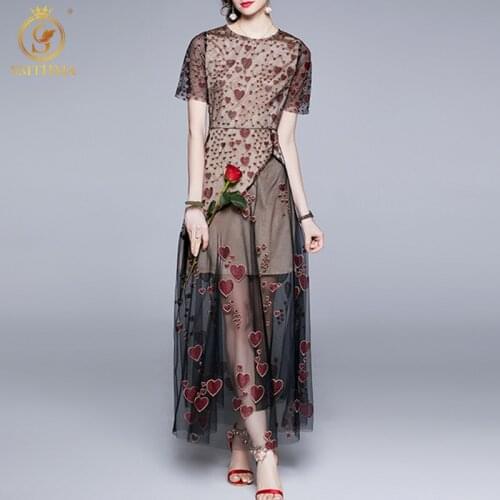 SMTHMA Vintage Mesh Embroidery Love Summer Dress For Women O-Neck Short Sleeve High Waist Long Dresses Female Fashion Clothing