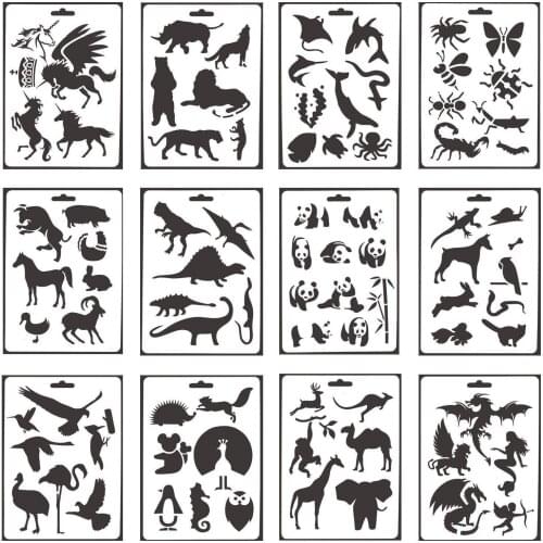 12 Styles) Animals Dinosaur Stencils Painting Embossing DIY Scrapbooking Paper Album Crafts Drawing Board Template for Decor